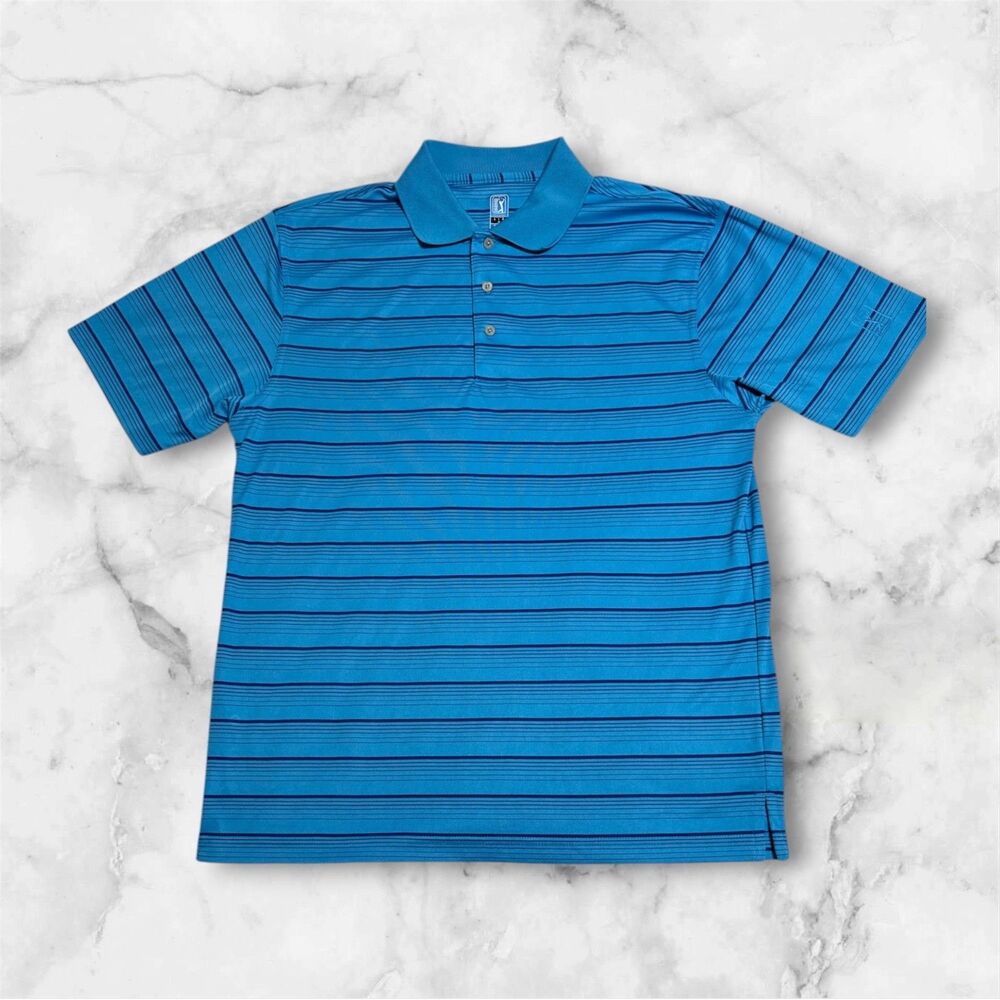 PGA Tour Golf Shirt Men's Large Polo Style Turquoise Blue Stripe Nice Golf Shirt